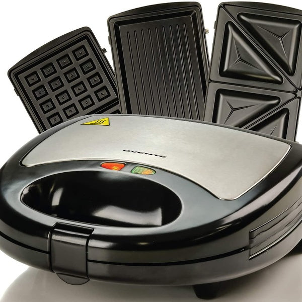 Ovente 3-in-1 Breakfast Sandwich Maker, Waffle Maker, Grill with 3 Sets Exchangable Easy Clean Non-Stick Cast Iron Cooking Plates, Black GPI302B