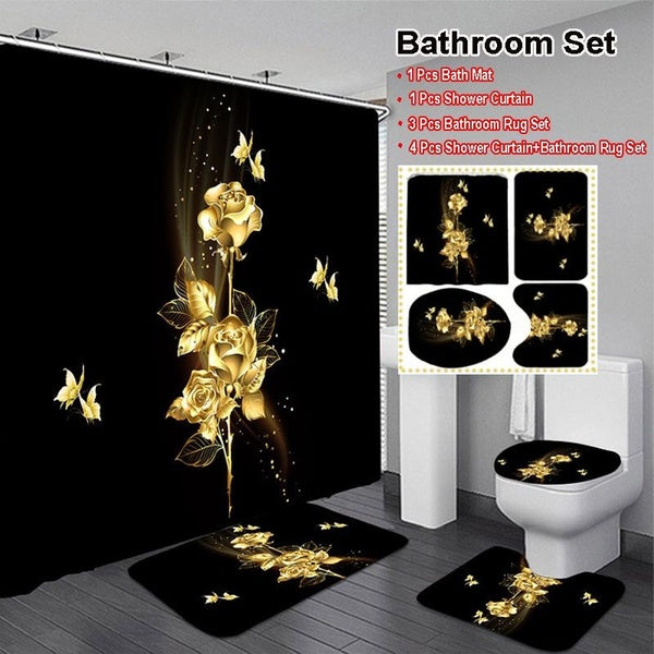 Fashion Printed Gold Rose Shower Curtain Sets with Non-Slip Rug, Toilet Lid Cover and Bath Mat, Bathroom Accessories Rose Shower Curtain with 12 Hook