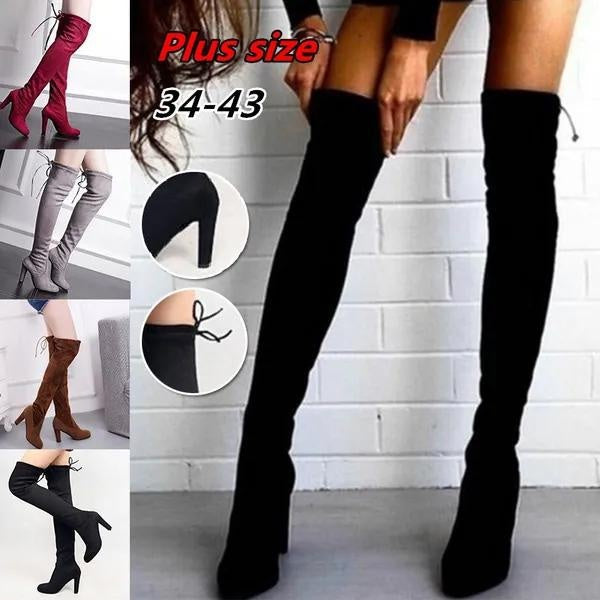 New Women's Over Knee High Boot Lace Up High Heel Faux Suede Long Thigh Boots Shoes Black Gray Wine Red