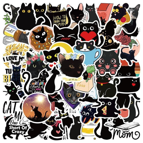 15-50PCS Magic Black Cat Sticker Pet Cat Sticker Luggage Skateboard Notebook Hand Account Guitar Water Cup Art Sticker