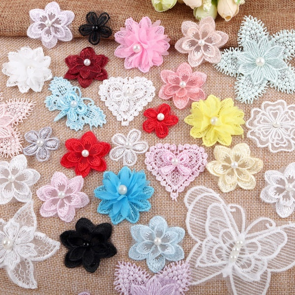 12 Pcs Mixed Butterfly Flower Soluble Organza Lace Trim Knitting Wedding Embroidered DIY Handmade Patchwork Ribbon Sewing Supplies Craft