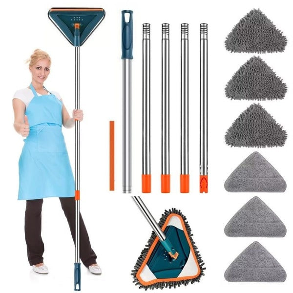 Telescopic Triangle Mop 360° Swivel Microfiber Cleaner Adjustable Length Wet & Dry 6 Replacement Pads Home Floor Window Tool