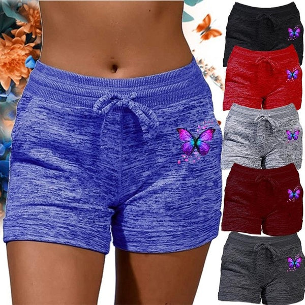 Women Fashion Soft and Comfy Activewear Butterfly Printed Casual Shorts with Pockets and Drawstring High Waist Sport Stretchy Shorts Plus Size Boxer