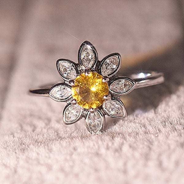 Fashion 925 Sterling Silver Sun Flower Sunflower Diamond Ring Glitter Diamond Chrysanthemum Engagement Ring Jewelry Size 5-10
