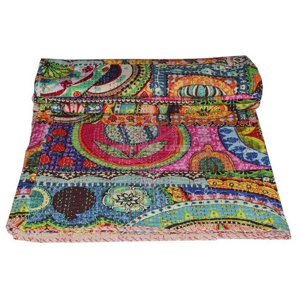 Indian Handmade Vintage Kantha Quilt MULTI COLOUR PAINTER Print King Size Pure Cotton Kantha Throw Blanket Bedspread Coverlet JC07