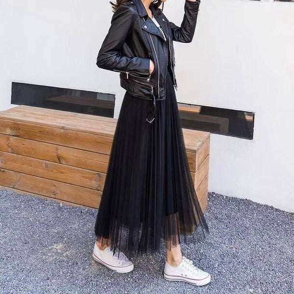 Tulle Plain Pleated Skirt Loose Mesh Skirt Long Skirt Fashion High Waist Black Woman Skirts Plaid Pet Clothes