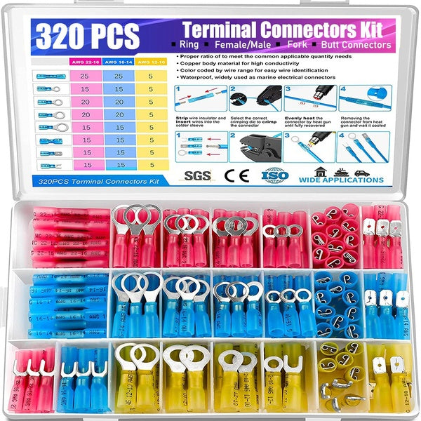 48-120-250-320 PCS Heat Shrink Wire Connectors, Multipurpose Waterproof Electrical Wire Terminals kit, Insulated Crimp Connectors Ring Fork Spade But