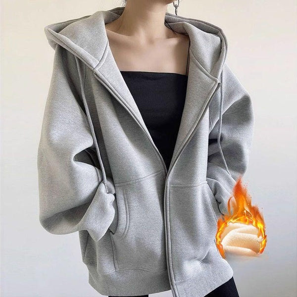 Autumn Winter Women's Hoodie Solid Color Loose Hooded Sweatshirt Women Korean Style Casual Zip Coats