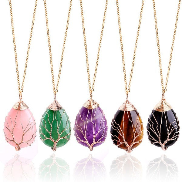 Tree of Life Natural Gemstone Necklace Crystal Energy Healing Handmade Pendant Pendulum Necklace for Women Men Yoga Jewelry