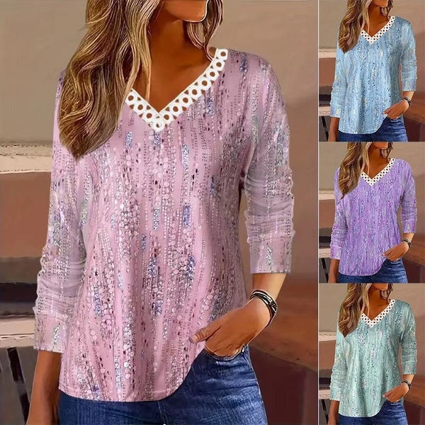 Women's Fashion Printed Long Sleeve Casual V-neck Blouses Lace Comfortable Tops Loose Shirts Plus Size S-5XL