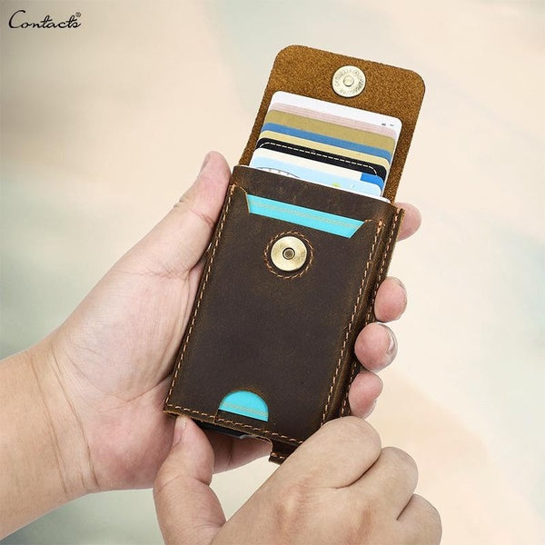 Porte-cartes en cuir véritable Crazy Horse pour hommes, blocage RFID, boîte en aluminium, porte-cartes automatique pop-up