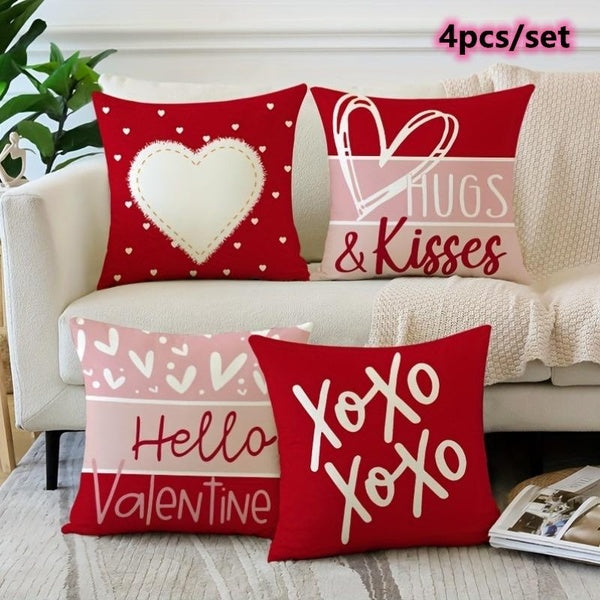 4pcs-set French-Style Valentine's Day Decorative Throw Cover Set Red Heart and Love-Themed Geometric Cushion Cases with Zip Closure Covers for Home a