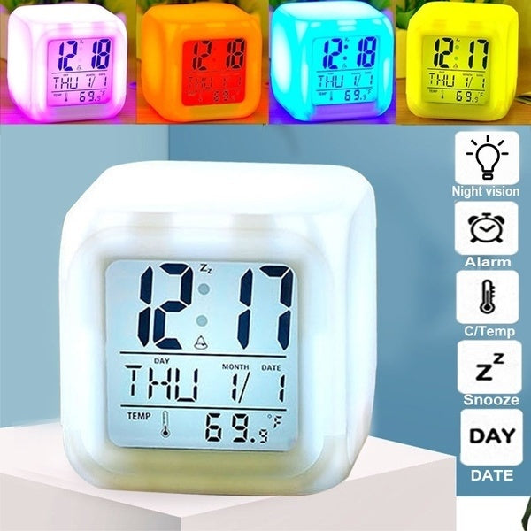 W5 Multifunction Clock Colorful LED Alarm Clock Mini Digital Clock Home Bedroom Glowing LCD Snooze Clock with Temperature Display Night Vision Timer