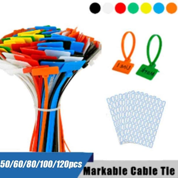 50-60-80-100-120pcs Nylon Cable Ties Tag Labels Plastic Loop Ties Markers Cable Tag Self-locking Zip Ties With-Without Sticky Label
