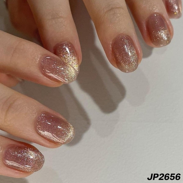 24pcs Gem Purple Cat's Eye Fake Nails Short Round Artificial Nail Patch Glitter Lady Girl Wearable Stick on Nails