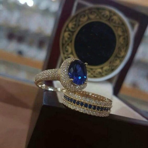 2Pcs-Set Luxury Noble Beautiful Woman Fashion Antique Art Deco Jewelry Exquisite Charming Set Romantic Bride Wedding Ring Engagement Girlfriend Valen