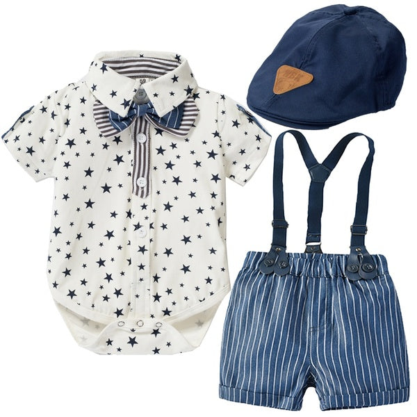Baby Boys Gentleman Outfits Suits Infant Short Sleeve Shirt+Bib Pants+Bow Tie Clothes Set