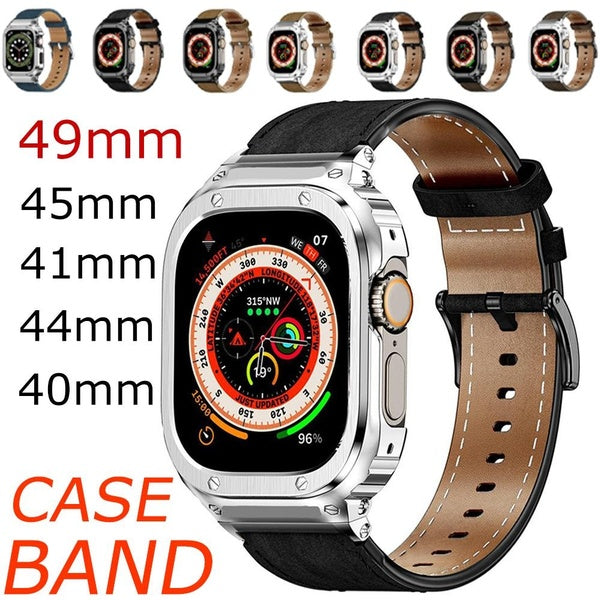 Metal Case Without Film + Genuine Leather Strap for Smart Watch Ultra 2-Ultra 49mm 9 8 7 45mm 41mm for Smartwatch Series SE 4 5 6 44mm 40mm, Stainle