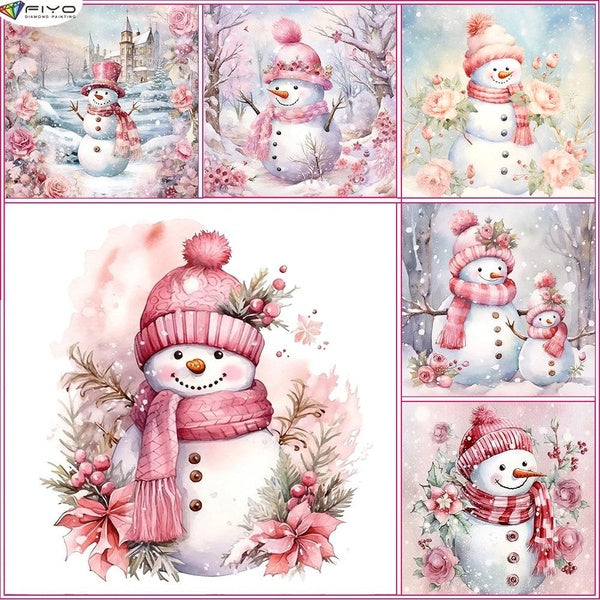 FIYO Pink Christmas Snowman Diamond Painting Kits For Adults DIY 5D Diamond Mosaic Diamond Painting Home and Kitchen Fashion Canvas Pictures Wall Dec