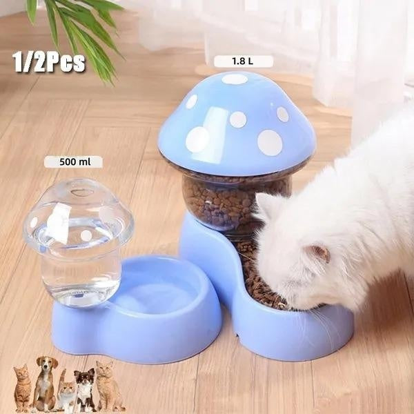 1-2Pcs Cat Food Bowl Automatic Feeders and Water Dispenser Cute Mushroom Shape Feeding Bowl Water Bottle for Cats Small Dogs