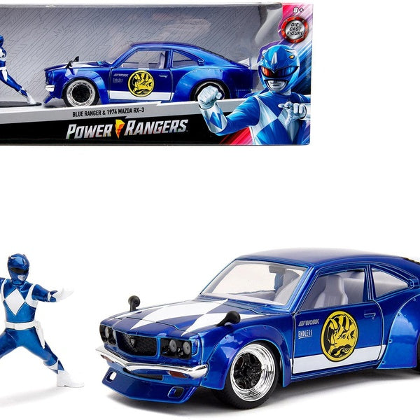1974 Mazda RX-3 Candy Blue w-White Interior & Graphics & Blue Ranger Figure "Power Rangers" 1-24 Diecast Model Car by Jada