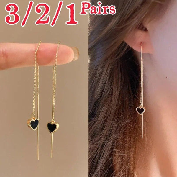 1-2-3 paires de boucles d'oreilles longues en forme de caur noir simple, chaîne, pompon, boucles d'oreilles pendantes, fil d'oreille, piercing, acces