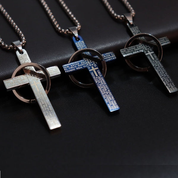 Stainless Steel Chain Cross With Circle Pendant Necklaces Christ Cruz Letter Bible Necklace For Men Women Neck Jewelry Collier
