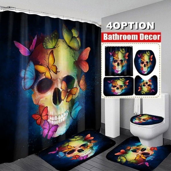 4-3-1Pcs Fashion Butterfly Skull Bathroom Set Waterproof Shower Curtain + Non-slip Bath Mat + Toilet Seat Cover Home Carpets Bathroom Decor