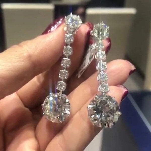 Boucles d'oreilles pendantes longues en forme de goutte avec diamant de laboratoire à coupe ronde et moissanite pour femmes, bijoux de mariage, de fi