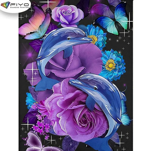Flower and DolphinDIY 5D Diamond Painting Full Drill with Number Kits Home and Kitchen Fashion Mosaic Diamond Painting Canvas Wall Decoration Gift Cr