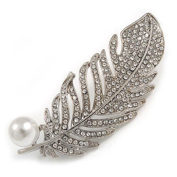 Clear Crystal White Pearl Feather Brooch- Pendant In Silver Tone - 65mm Long