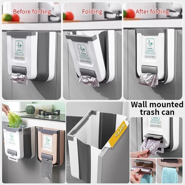 Kitchen foldable wall mounted trash bin Household cabinet door hanging large storage paper basket Creative classification trash bin