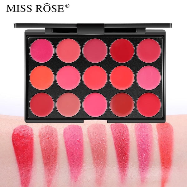 Miss Rose 15 Colours Long Lasting Lip Gloss Palette Makeup Waterproof Lipstick Cosmetic Lip Tools Set Cosmetic