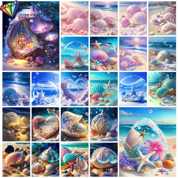 Shells and Conch DIY 5D Diamond Painting Full Drill with Number Kits Home and Kitchen Fashion Mosaic Diamond Painting Canvas Wall Decoration Gift Cra