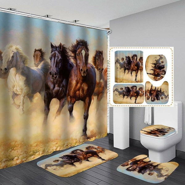 Splendid Shower Curtain Toilet 3D Running Horse Art Shower Curtain Bath Mat Toilet Cover Rug Bathroom Decor Set Toilet Cover Bath Mat Pedestal Rug