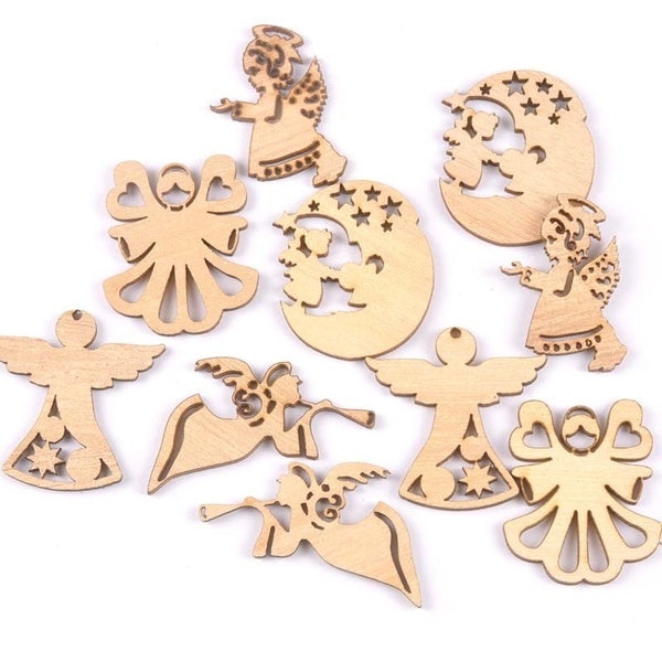Mixte beau motif d'ange artisanat en bois 10 pièces embellissements en bois non finis bricolage décoration de la maison accessoires de scrapbooking M