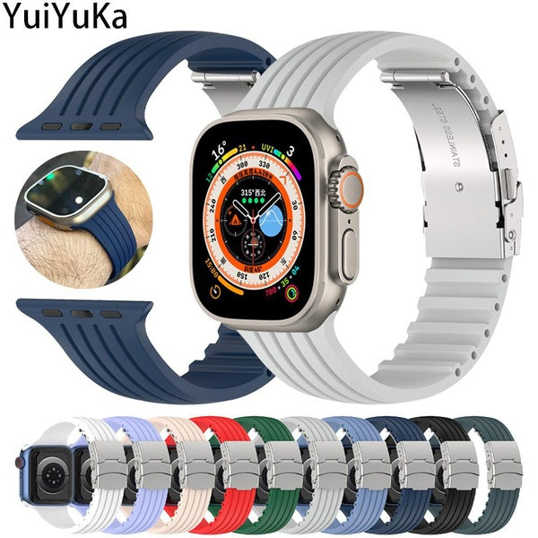 YuiYuKa Silicone sport strap for smartwatch Ultra 2-Ultra series 9 8 5 4 3 2 1 7 6 SE Metal buckle bracelet belt for watch 49mm 45mm 44mm 42mm 41mm 4