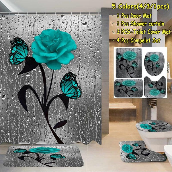 3D Green Butterfly Rose Flowers Shower Curtain Bathroom Set Waterproof Shower Curtain + Lid Toilet Mats Set + Anti-Slip Carpet Bathroom Decor Set 4-3