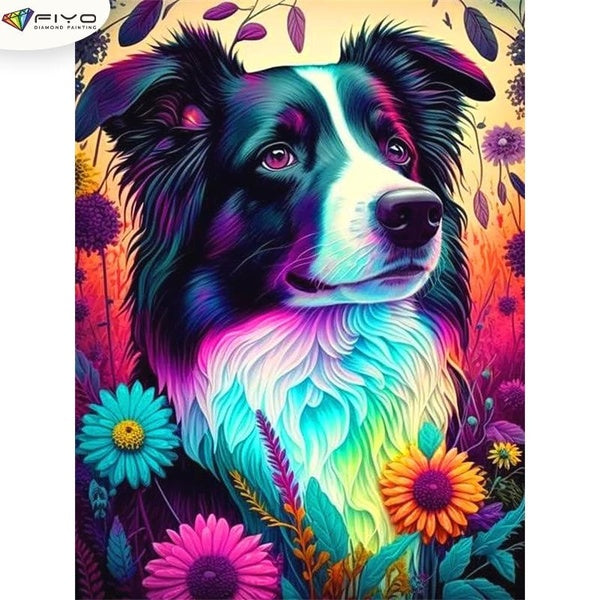 FIYO Dog DIY 5D Diamond Painting Full Drill with Number Kits Maison et Cuisine Mode Mosaïque Diamant Peinture Toile Décoration Murale Cadeau Artisana