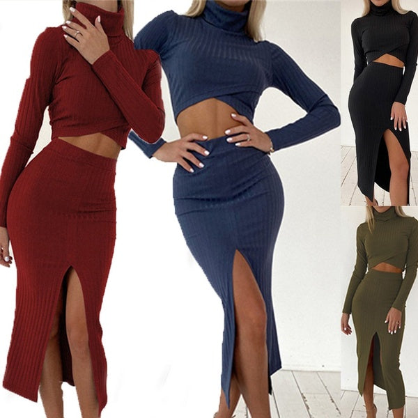 Fashion Long Sleeve Crop Top and High Split Skirts Pieces Women Set Fall Elegant Dresses