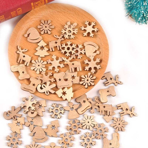 50Pcs Christmas Xmas Tree Snowflake Wood Slices DIY Craft For Home Decor Wooden Pendant Handmade Scrapbooking Ornament M2503