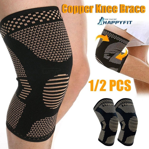 HAPPYFIT 1-2pcs Copper Knee Brace Stretch Knitted Breathable for Arthritis Pain and Knee Sleeve for Home Gym Workout and Outdoor Sports