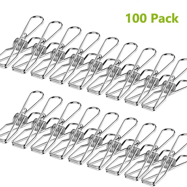 100 Pack Clothes Pegs, Stainless Steel Laundry Hanging Clothesline Clips for Clothes, Paper Files, Snacks Seal