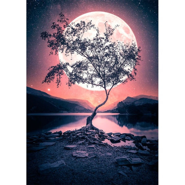 DIY 5D Night Moon Landscape Pattern Round-Square Diamond Painting Full Drill Diamond Painting with Number Kits Home and Kitchen Fashion Crystal Rhine