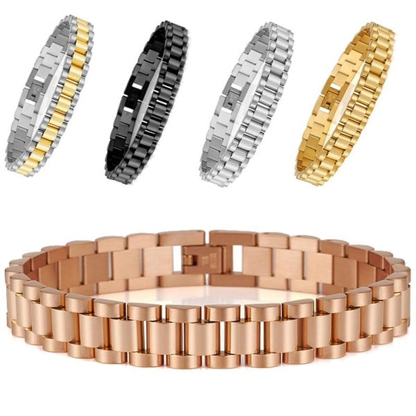 Luxury Gold Plated Stainless Steel Men's Bracelets For Women 10MM Wide Watch Chain Style Ladies Male Bracelet Mannen Armband Men Jewellery Accessorie