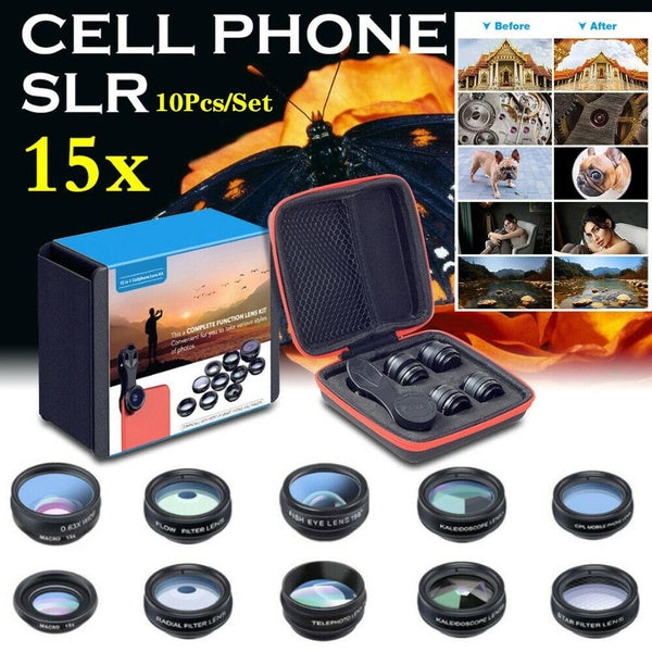 10 in 1 Set Pro Mobile Phone Camera Lens, with Wide Angle Macro CPL Filter Fish Eye Lens for Smartphones