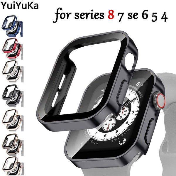 YuiYuKa Tempered glass Plating PC Case for Apple Watch 8 7 40mm 41mm 44mm 45mm for iWatch 4 5 SE 6 film with PC Screen Protector Accessories Edge Bum