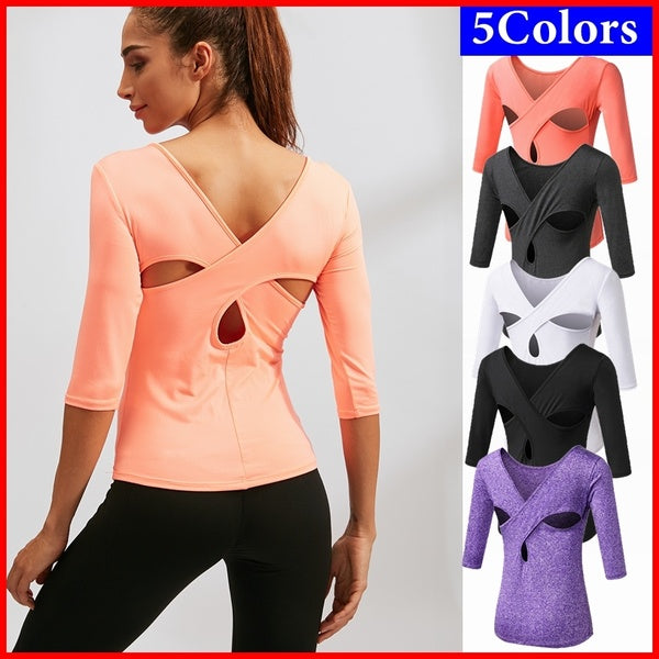 Fashion Women's Sports tops Yoga gym shirts Dance tight-fitting Quick Dry Cross Beauty Back Long Sleeve Tops