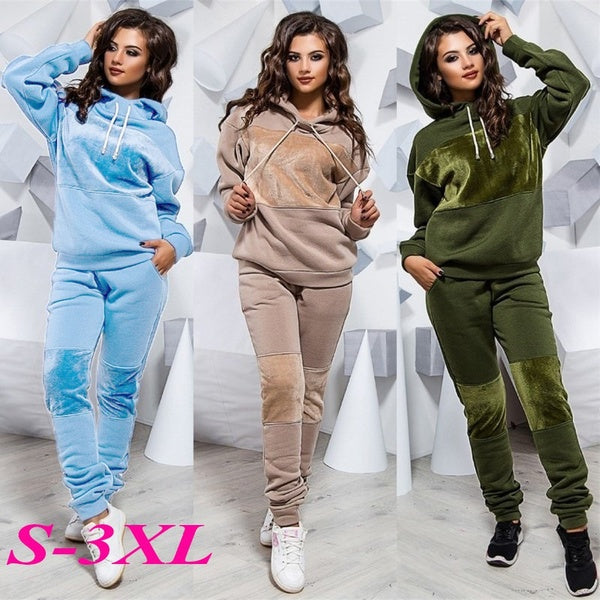 Women's Fashion 2-piece Sportswear Solid Color Long-sleeved Hoodie Casual Coat Sweatshirt Stretch Pants Jogging Suit