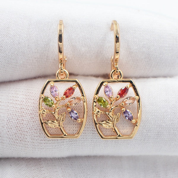 Rainbow CZ Cubic Zirconia Hollow Out Flower Vase Dangle Earrings Jewelry